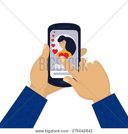 Mens Hand Holding Phone With With A Female Portrait. Online Love Chat In Internet. Online Dating Or 