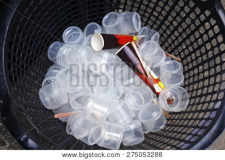 Waste Plastic Cups Many In Basket, Garbage Plastic, Plastic Glass Dirty, Plastic Waste Trash Polluti