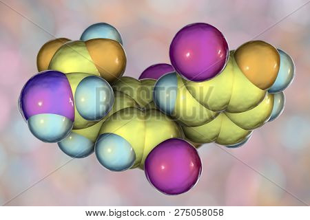 Molecule Of Triiodothyronine, T3, A Hormone Produced By Thyroid Gland, 3d Illustration