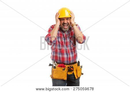 Constructor Touching Head With Yellow Safety Hardhat As Exasperated Gesture Having Panicked Expressi