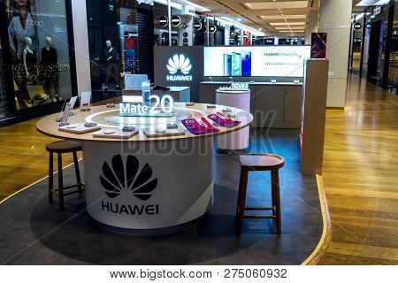 Prague, Czech Republic - December 14 2018: Huawei Telecommunications Equipment And Electronics Compa