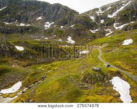 Aerial View. Norway Landscape. Road And Lakes In Stony Rocks Mountains. Norwegian National Tourist S