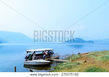 Umiam Lake, Shillong, Assam, India, December 15, 2017: Indian Tourists People Enjoying On Travel Hol