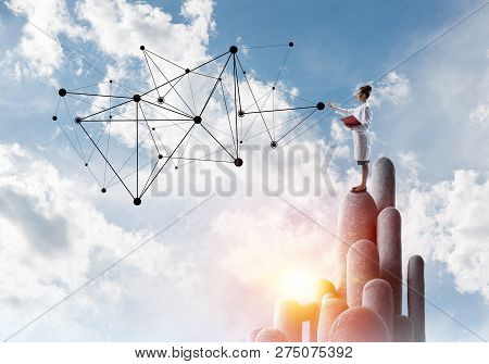 Young Female Doctor With Folder In Hands Satnding On Stone Column. 3d Rendering