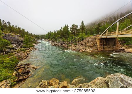 Bridge Over Mountain River, Norwegian Landscape. Cloudy Foggy Day, Rainy Weather. Saltfjellet - Svar