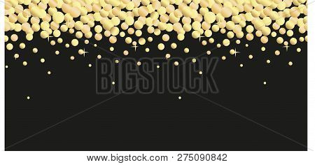 Seamless Border Of Golden Confetti On Black Background. Festive Vector Horizontal Pattern.