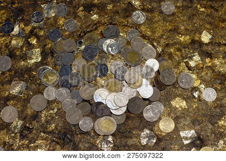 Abstract Of Many Thai Coin Money Making Merit For Background (selective Focus), Thailand Money Coin 