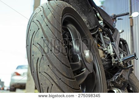 Cropped Close Up Shot Of Beautiful And Custom Made Motorcycle In The Workshop