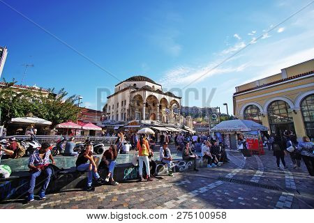 Athens - Greece, October 06 2018 People Who Relax On A Beautiful Sunny Day In Piazza Monastiraki