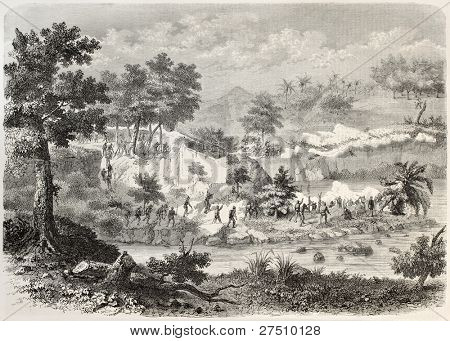 Dutch troops in Sumatra fighting against natives in Pagger Goenong district. Created by Godefroy-Durand after Van Heuve, published on L'Illustration, Journal Universel, Paris, 1858