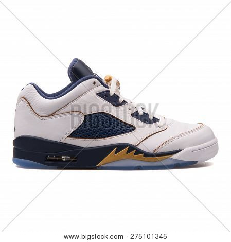Vienna, Austria - June 14, 2017: Nike Air Jordan 5 Retro Low White And Blue Sneaker Isolated On Whit