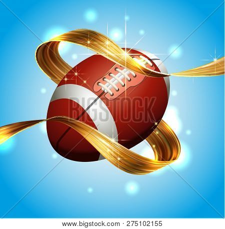 American Emblem For Football With A Ribbon Of Gold Liquid Paint 3d, Sizin On A Blue Background