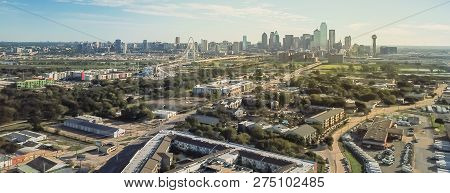 Panoramic Top View Dallas Downtown From Trinity Groves With Cloud Blue Sky