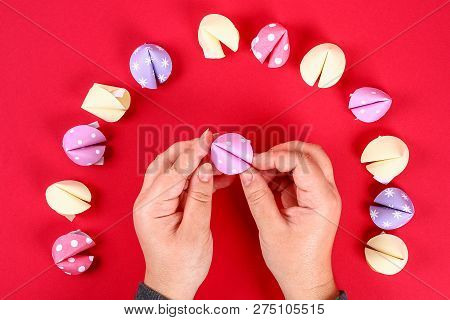 Diy Cookie With Predictions On A Red Background. Gift Ideas, Decor For The Chinese New Year. Handmad