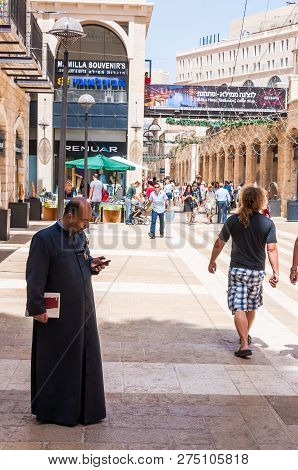Jerusalem, Israel - May 25, 2012: View On Mamilla Road Full Of Locals And Tourists Walking By The Fa
