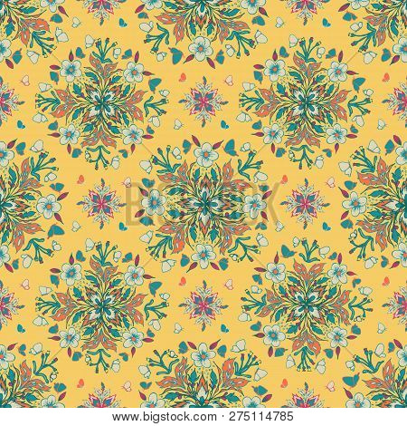 Green Pink Mandala Pattern Floral On Yellow Tile