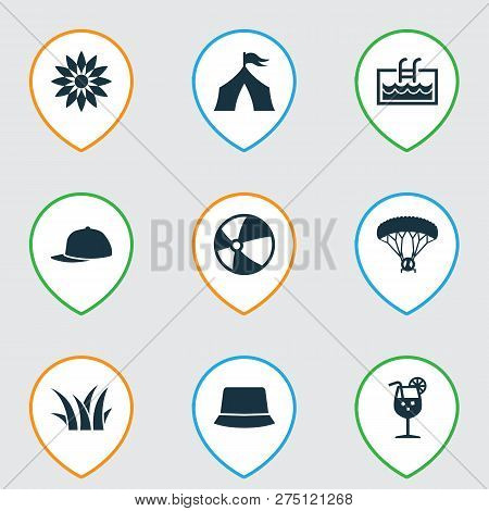 Season Icons Set With Tent, Pool, Flower And Other Skydiving Elements. Isolated Vector Illustration 