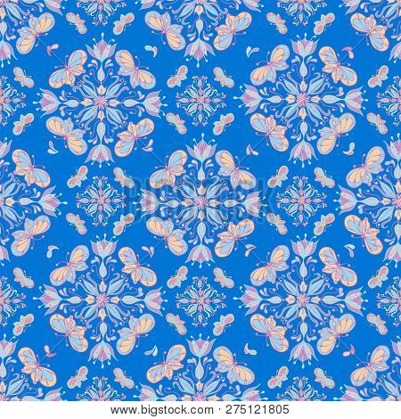 Colorful Butterfly Mandala Pattern On A Blue Tile