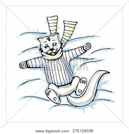 Vector Illustration With A Cute Cat In A Scarf And Sweater Wallowing In The Snow And Falling Snowfla