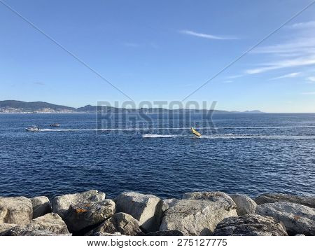 View From The Pier With Boats At The Distance In Sanxenxo Galicia Spain