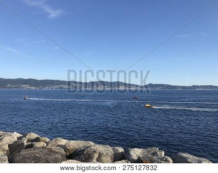View From The Pier With Boats At The Distance In Sanxenxo Galicia Spain