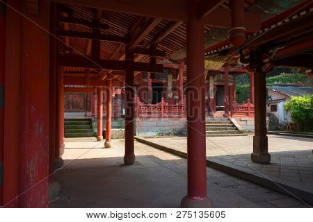 Nagasaki, Japan - October 24, 2018: Red pillars of Sofukuji Temple Gate, a Chinese temple that is one of the best examples of Ming Dynasty temple architecture    