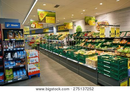 DUSSELDORF, GERMANY - CIRCA SEPTEMBER, 2018: interior shot of Netto supermarket in Dusseldorf.
