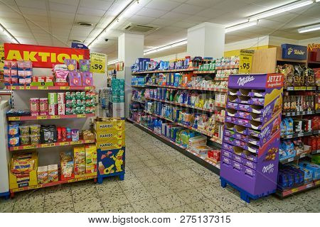 DUSSELDORF, GERMANY - CIRCA SEPTEMBER, 2018: interior shot of Netto supermarket in Dusseldorf.