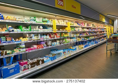 DUSSELDORF, GERMANY - CIRCA SEPTEMBER, 2018: interior shot of Netto supermarket in Dusseldorf.