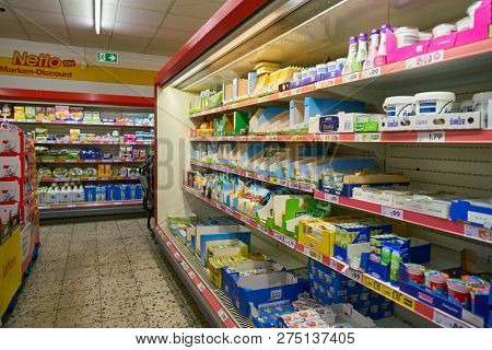 DUSSELDORF, GERMANY - CIRCA SEPTEMBER, 2018: interior shot of Netto supermarket in Dusseldorf.