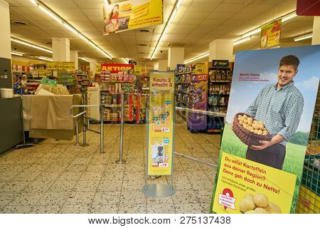 DUSSELDORF, GERMANY - CIRCA SEPTEMBER, 2018: interior shot of Netto supermarket in Dusseldorf.