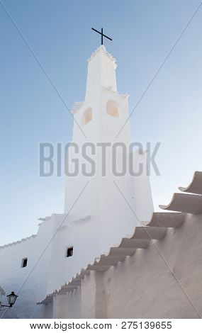 View Of A Typical Church With White Walls And Roof Of The Fishing Village Binibeca Menorca Spain
