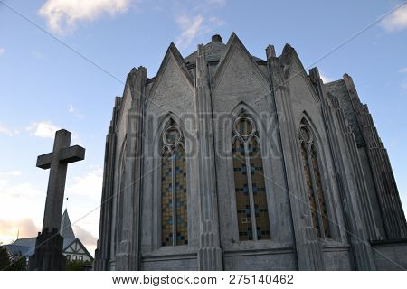 Landakotskirkja Catholic Church At Sunset In Reykjavik, Iceland