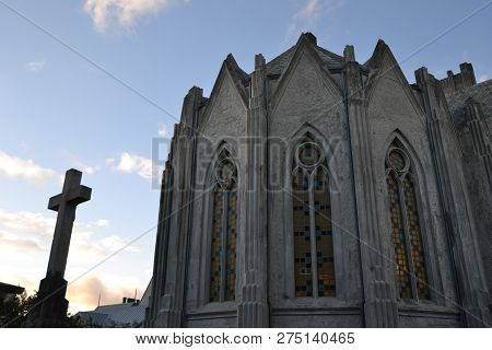 Landakotskirkja Catholic Church At Sunset In Reykjavik, Iceland