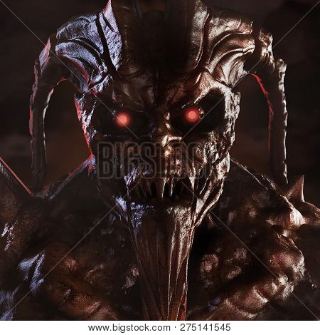 Illustration of a scary demonic creature brown colored face with glowing eyes  and horns standing on dark background.