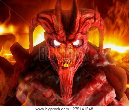 Artwork of a hellish demon creature face with glowing eyes close up standing on inferno fire background.