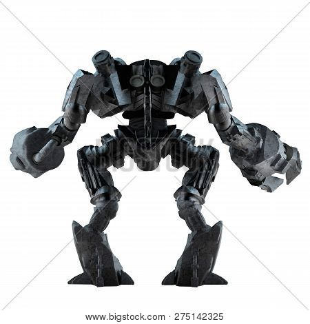 3d image of grey steel futuristic sci-fi mech warrior robot  standing isolated on white background back view.