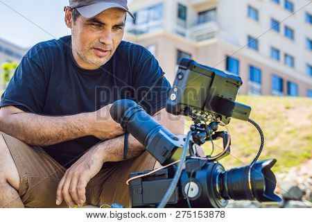 Shooting Process On Cinema Stage - Commercial Production Set, Exterior Location.profeccional Cameram