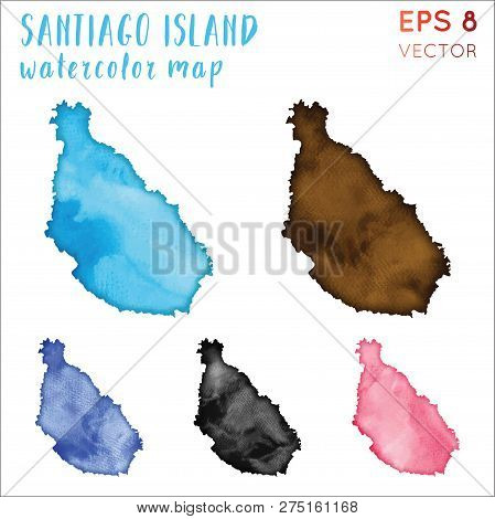 Santiago Island Watercolor Island Map. Handpainted Watercolor Santiago Island Map Set. Vector Illust