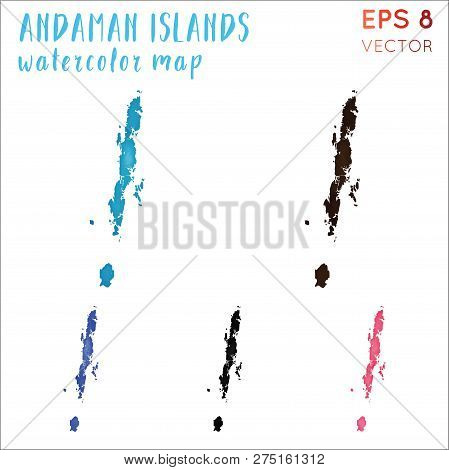 Andaman Islands Watercolor Island Map. Handpainted Watercolor Andaman Islands Map Set. Vector Illust