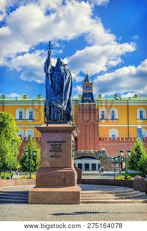 Patriarch Hermogenes Monument On The Background Of The Moscow Kremlin In Alexander Gardens