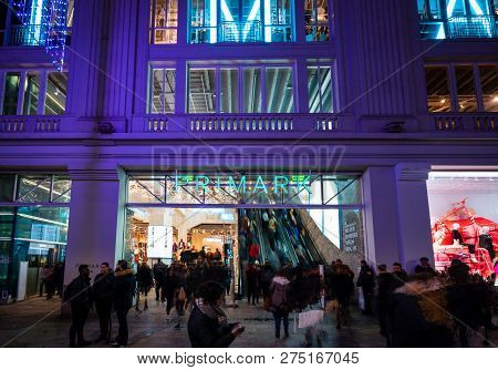 Madrid, Spain. December 2018: Primark Store In Gran Via Of Madrid, Night View.