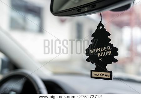 Miercurea Ciuc, Romania- 22 December 2018: Hanging Black Classic Wunder Baum Air Freshener On Car In
