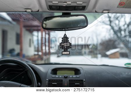 Miercurea Ciuc, Romania- 22 December 2018: Hanging Black Classic Wunder Baum Air Freshener On Car In