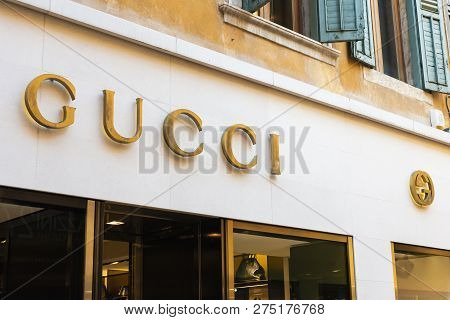 Verona, Italy - 9 December 2018: Gucci Store Facade Logo, Gucci Is A Luxury Italian Fashion And Leat