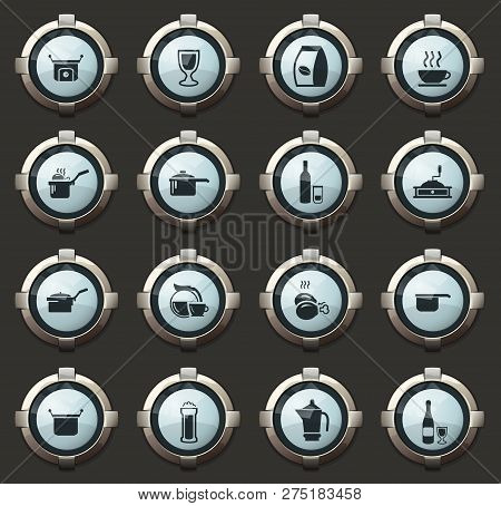 Food And Kitchen Vector Icons In The Stylish Round Buttons For Mobile Applications And Web