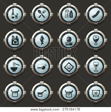 Food And Kitchen Vector Icons In The Stylish Round Buttons For Mobile Applications And Web