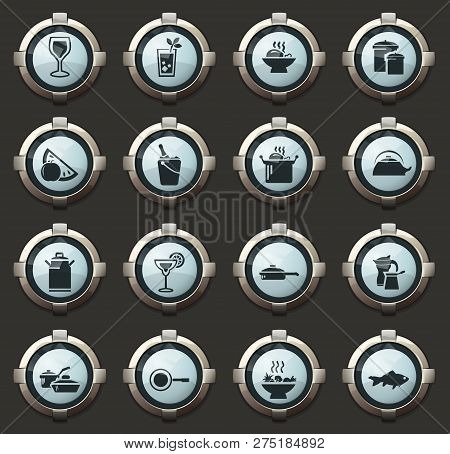 Food And Kitchen Vector Icons In The Stylish Round Buttons For Mobile Applications And Web