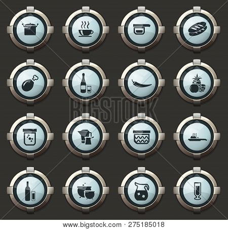 Food And Kitchen Vector Icons In The Stylish Round Buttons For Mobile Applications And Web