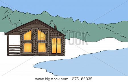 Vector Color Illustration Of Modern Finnish Home From Timber With Big Windows In The Background Of T